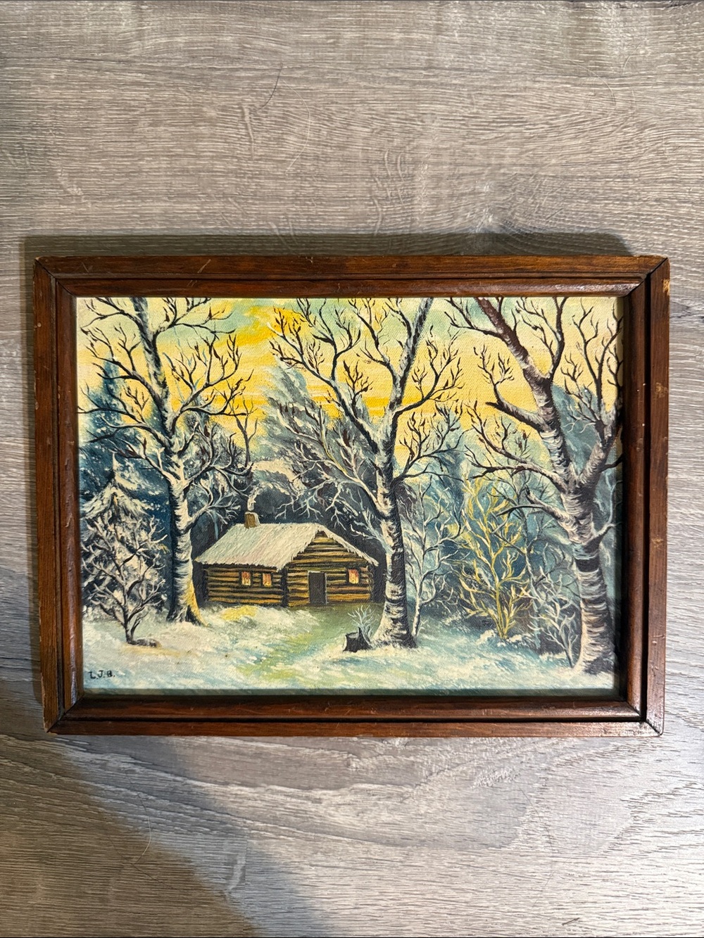 Vintage Mid Century Winter Cabin Painting Wood Frame Cottagecore Rustic Art